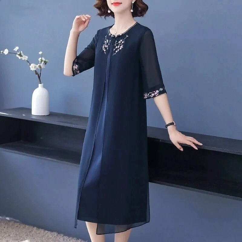 

Summer Chiffon Midi Dress Women Vintage Casual Embroidery Floral Lady Sundress 2022 Elegant Bodycon Party Vestidos Fashion Robe