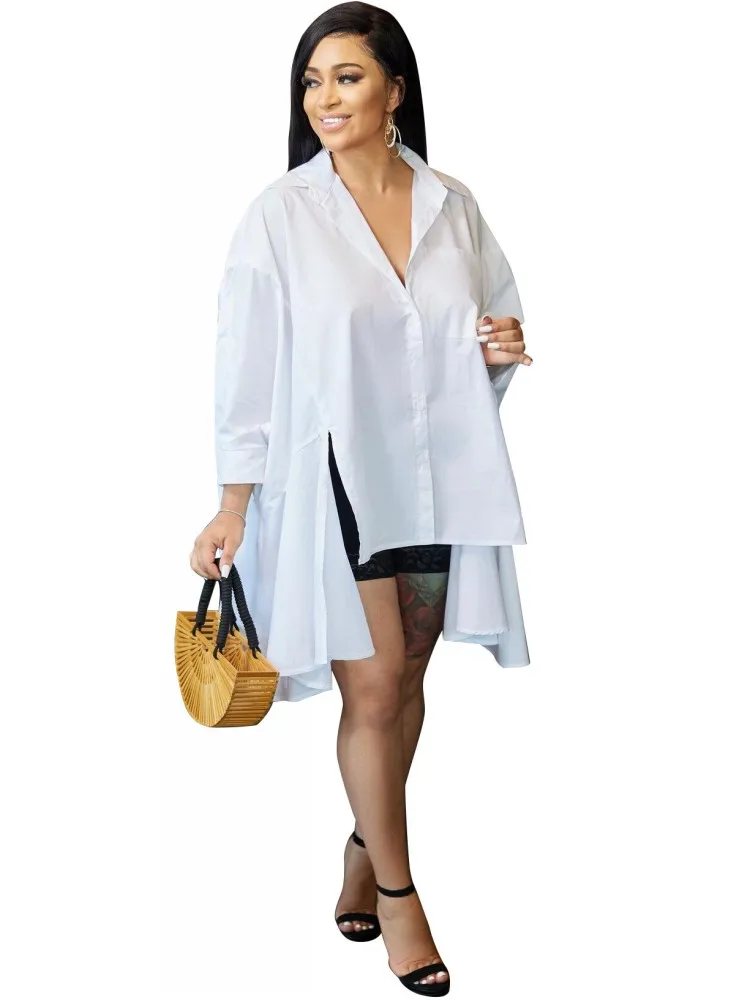 

Женское асимметричное платье-рубашка с рукавом «летучая мышь»