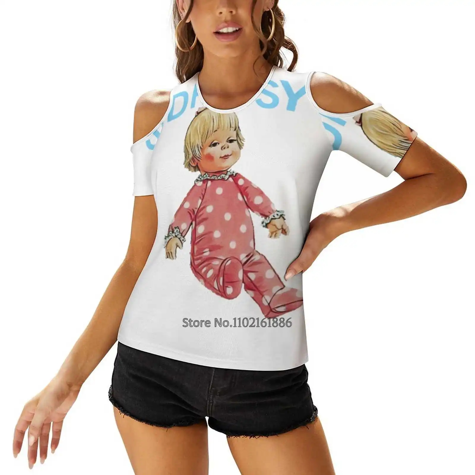 Drowsy Doll Women'S Clothing V-Neck Tops Zipper Tee Ladies Casual Sexy T-Shirt Drowsy Doll 70S 1970S Pink While Cute Baby