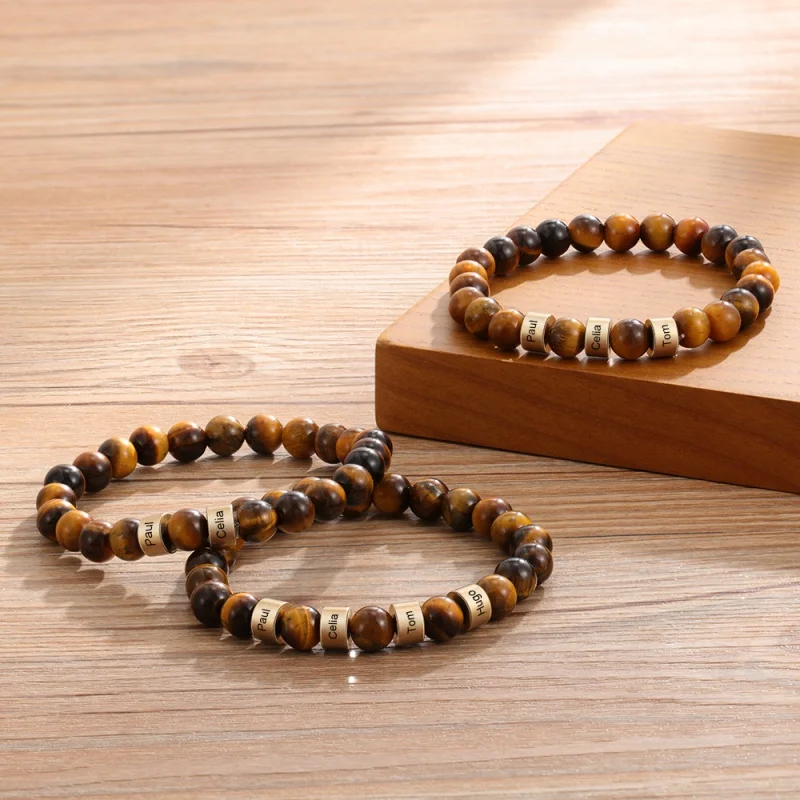 

Boyfriend Handmade Jewelry Gift Personalized Name Carved Men's Bracelet Custom Lava Tiger's eye Bead Bracelet
