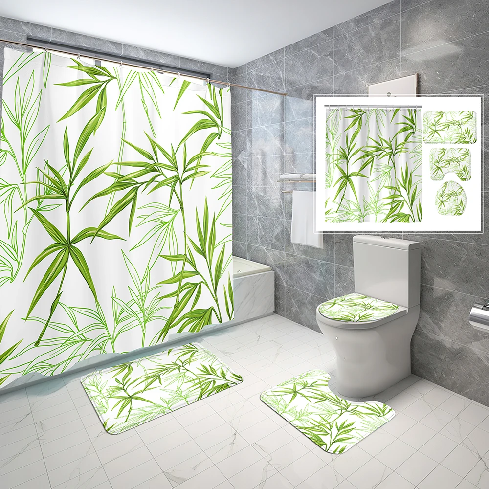 

Chinese Bamboo Shower Curtain 4 Piece Bath Set Green Plant Floral Decor Toilet Cover Anti-slip Geometric Floor Rugs 3D Printing