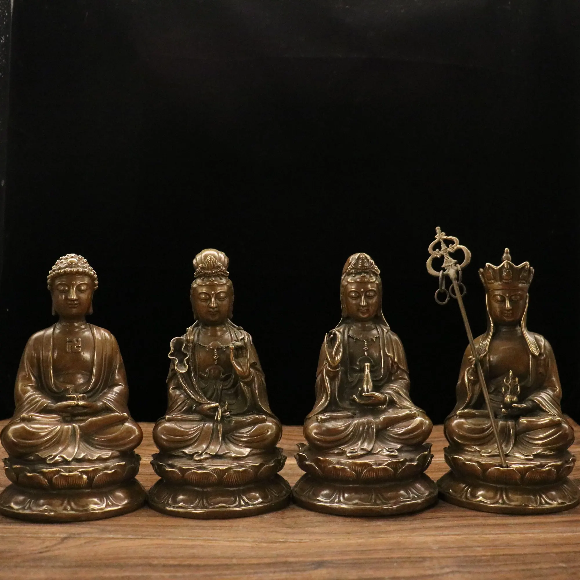 

9" Tibetan Temple Collection Old Bronze Patina Four Saints of the West Shakyamuni Guanyin Ksitigarbha lotus platform Buddha