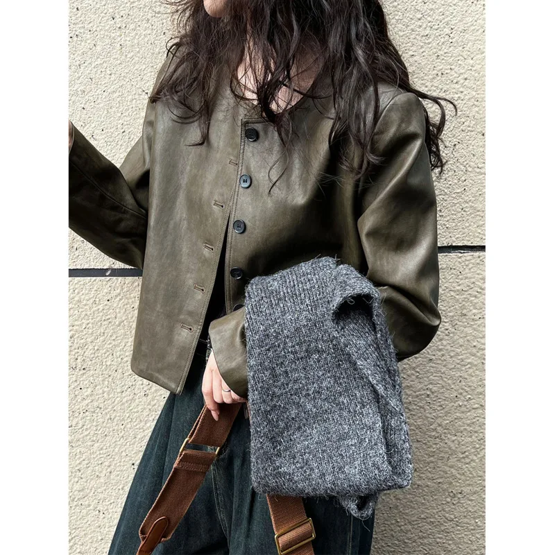 

Осенняя короткая куртка из искусственной кожи с круглым вырезом, женское однобортное винтажное пальто кофейного и зеленого цвета, топы