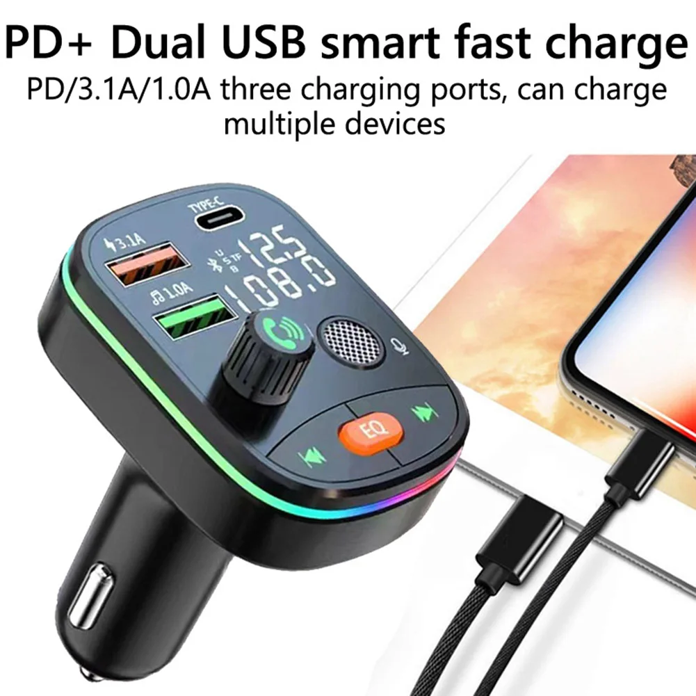 

FM Transmitter Bluetooth 5.0 Wireless FM Modulator Dual Monitor PD 20W Fast Charge Dual USB Charger Hands Free Car Kit