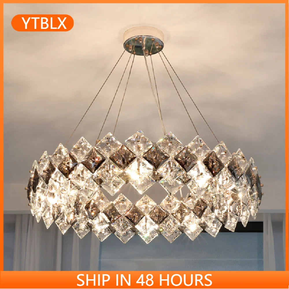 

Living Room Lighting Luxury E14 Led Pendant Lights Gray&Clear Crystal Led Suspend Lights Lustre Gold Metal Circle Lam