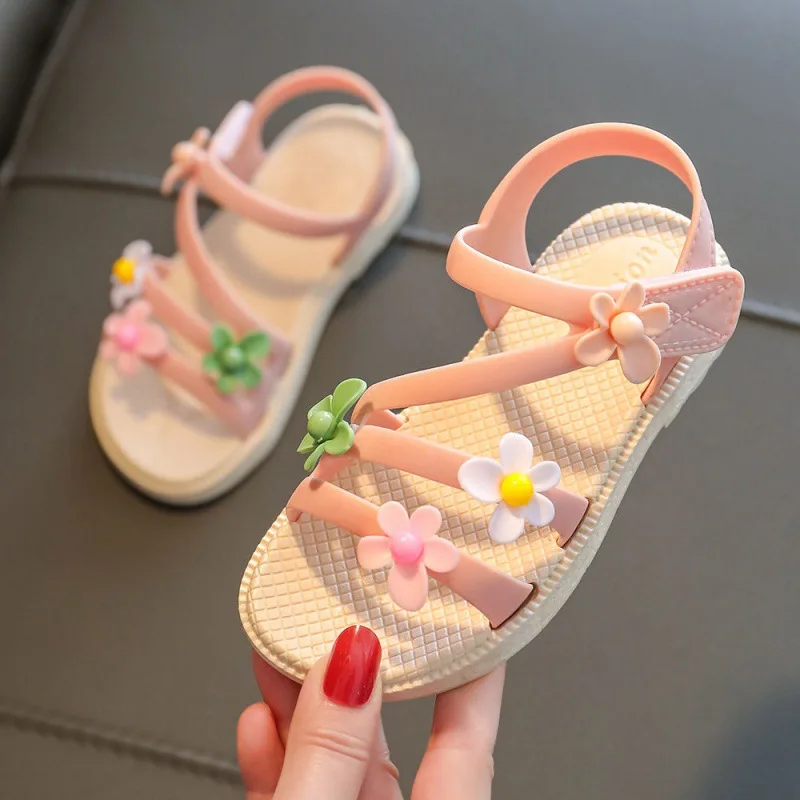 

2022 New Summer Little Girls Sandals Flower Simple Cute Pink Green Children Sandals Toddler Baby Soft Casual School Girl Shoes
