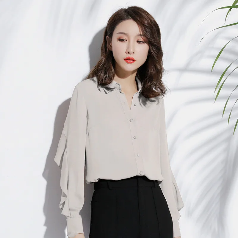 

Female Cardigans Office Wear Spring Women OL Long Sleeve Ruffle Top Chic Girls Shirt Thin Slim Ladies Chiffon Blouse Big Size