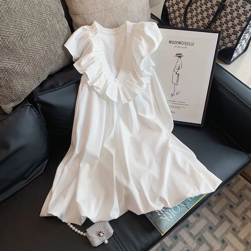 

French White Sleeveless Vestidos Mujer Ruffled Mini Dresses for Women Loose Tank Deep V-neck Woman Dress