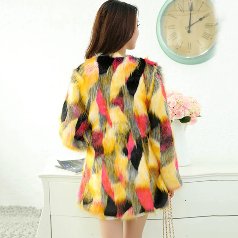 Winter Fashion Warm Multicolor Jacquard Medium Long Women Faux Fur Coat