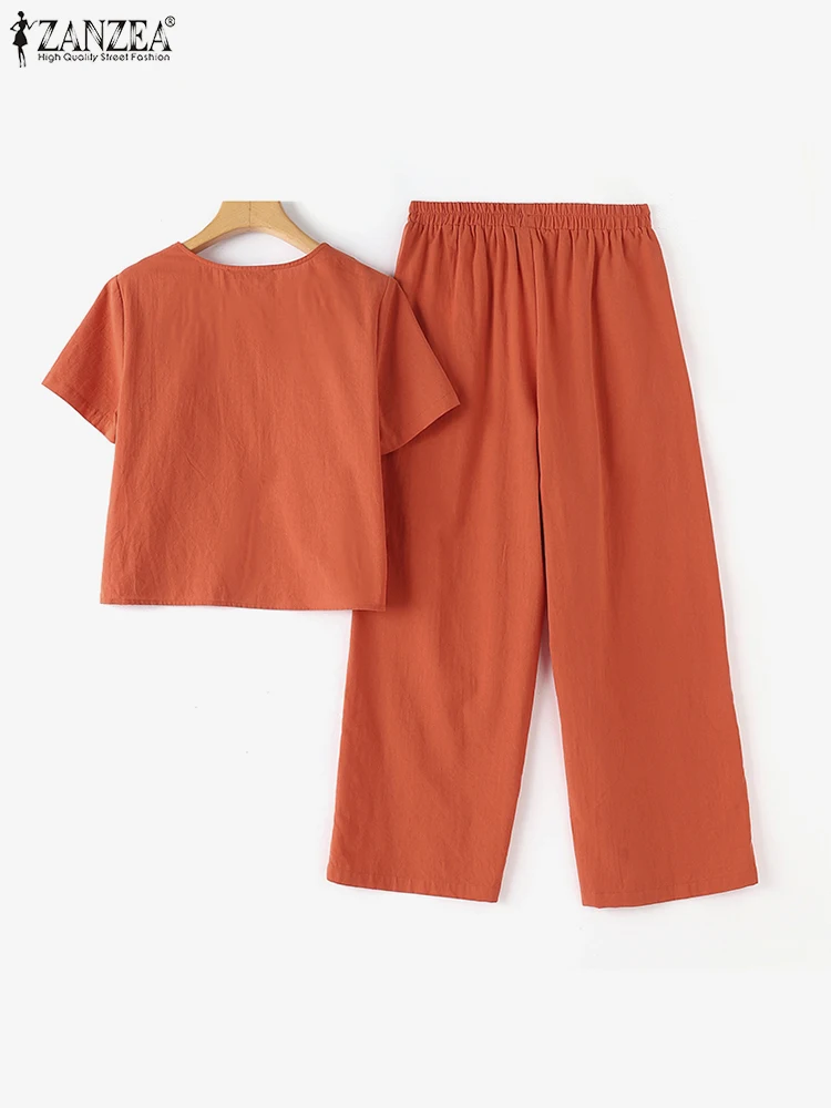 Комплект ZANZEA женский летний из 2 предметов модная блузка с коротким рукавом и