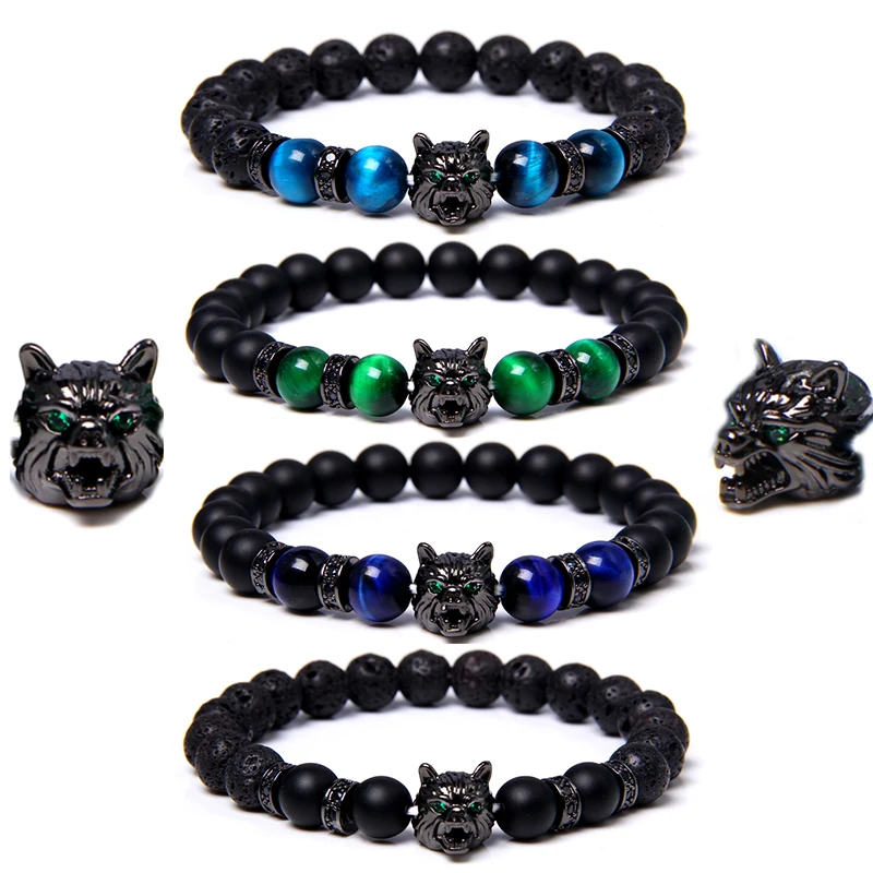 

Stranger Things Ring Eleven 8mm Beaded Bracelet Men Natural Stone Blue Tiger Eye Beads Bracelet Black Wolf Head Charm Jewelry