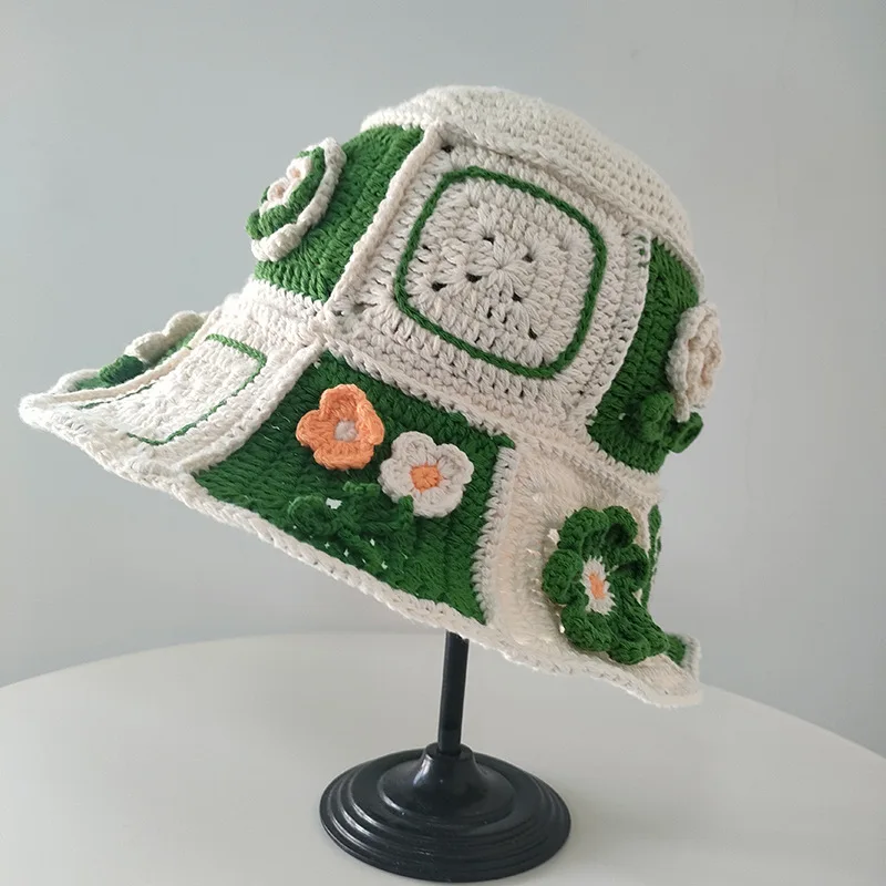 

Women Granny Crochet Handmade Green Flower Countryside Style Bucket Hat Ladies Cap Fishman Panama Casual Sombreros De Mujer