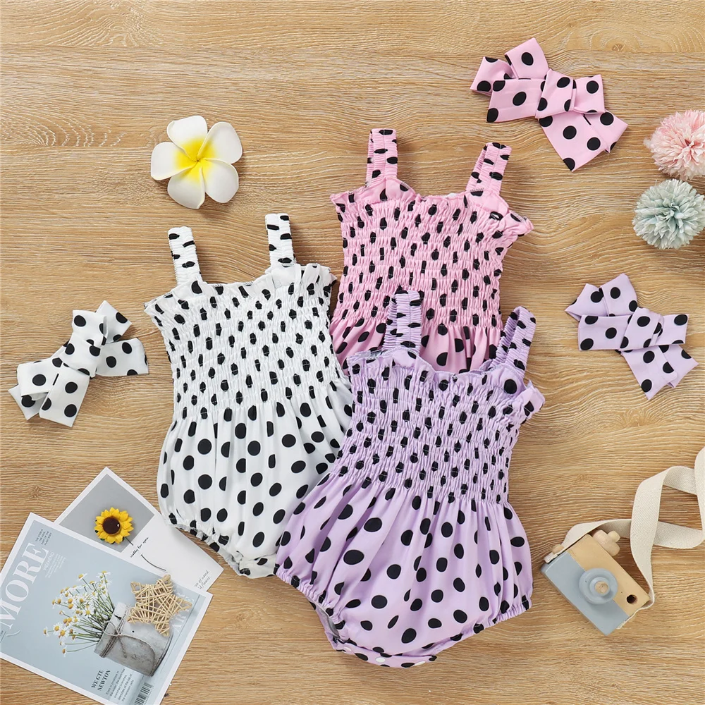 

3-18 Months Baby Girls Simple Summer Bodysuits Multicolor Toddler Kids Cute Sleeveless Dots Print Shirred Romper With Headband