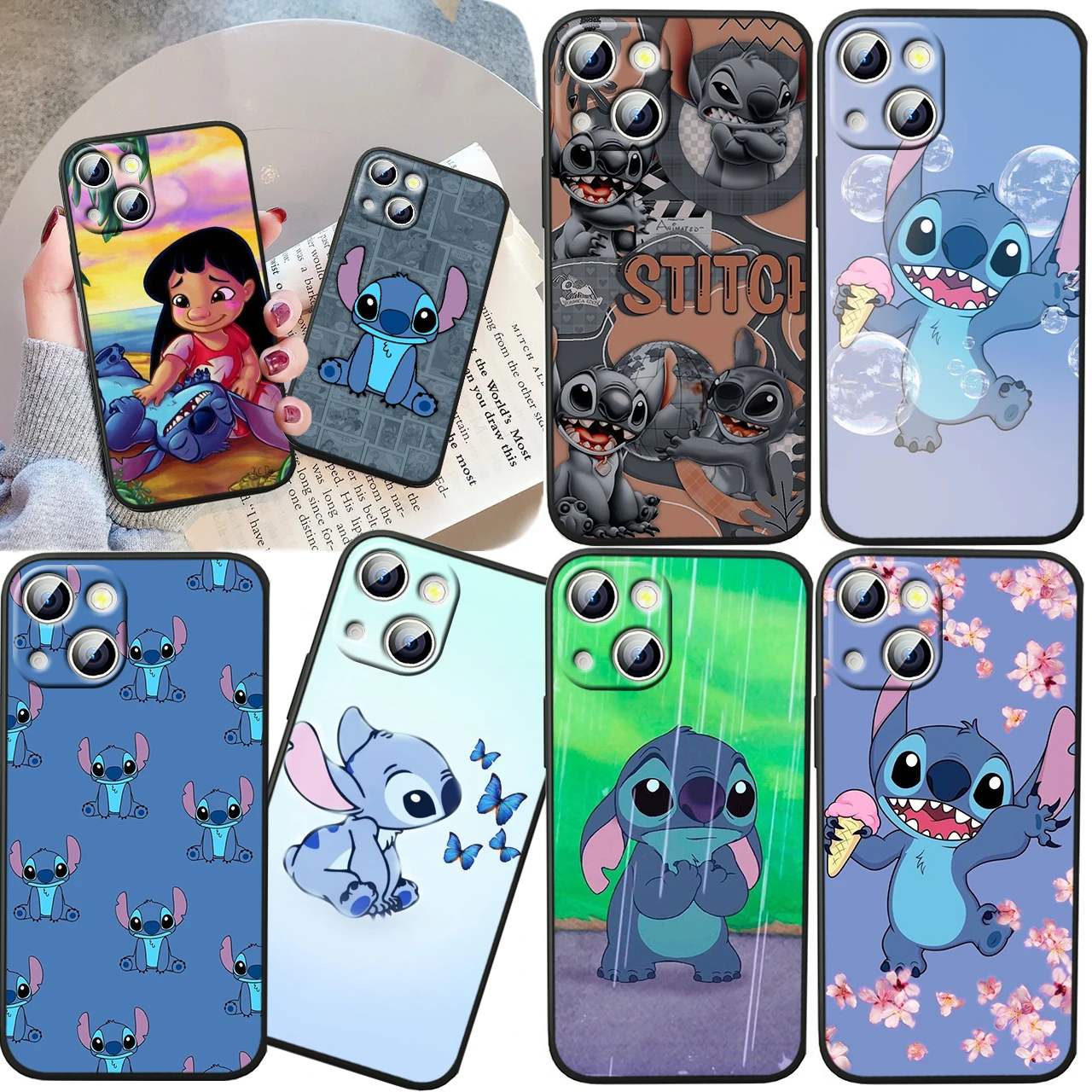 

Disney Stitch Angie For iPhone 14 13 12 11 Pro Max XS Max X XR 7 8 Plus 6S 5S Silicone Black Shell Phone Case