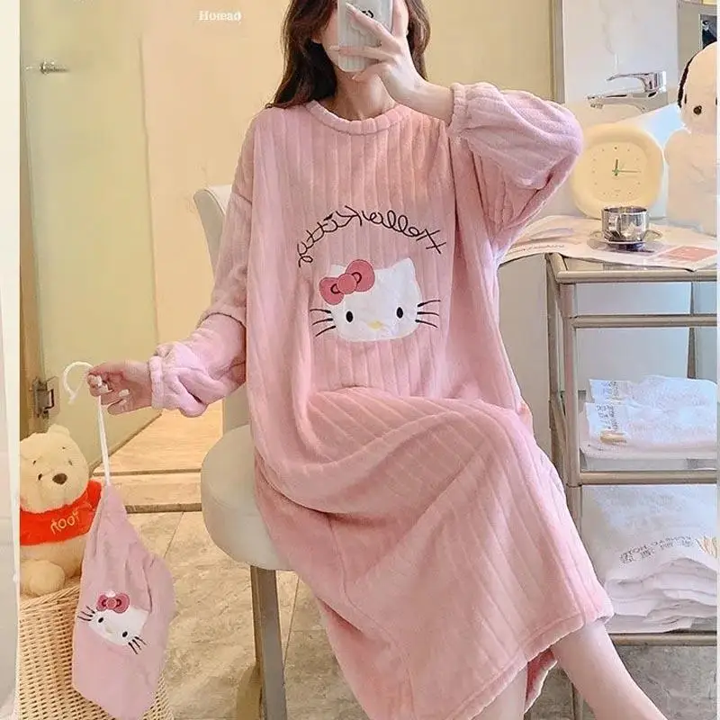 

Hello Kitty Kawaii Sanrio Quality Girl Plush Round Neck Nightdress Cute Coral Fleece Pajama Loose Maternity Skirt Christmas Gift