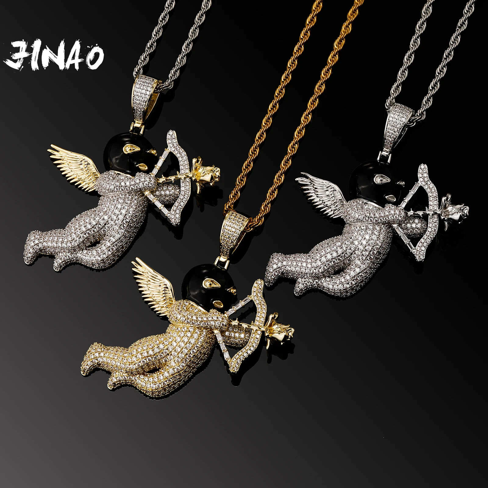 

JINAO 2022 NEW European and American style Gangster Angel Pendant&Necklace High Quality Ice Cravejado AAA+ Cubic Zircon Jewelry