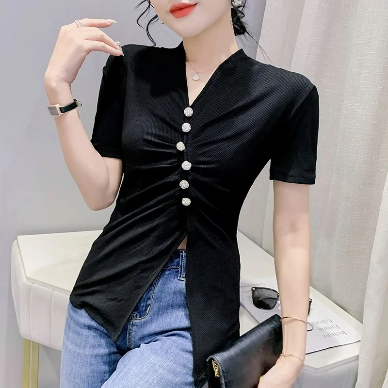 #5129 черно-белая футболка летняя женская с коротким рукавом на пуговицах