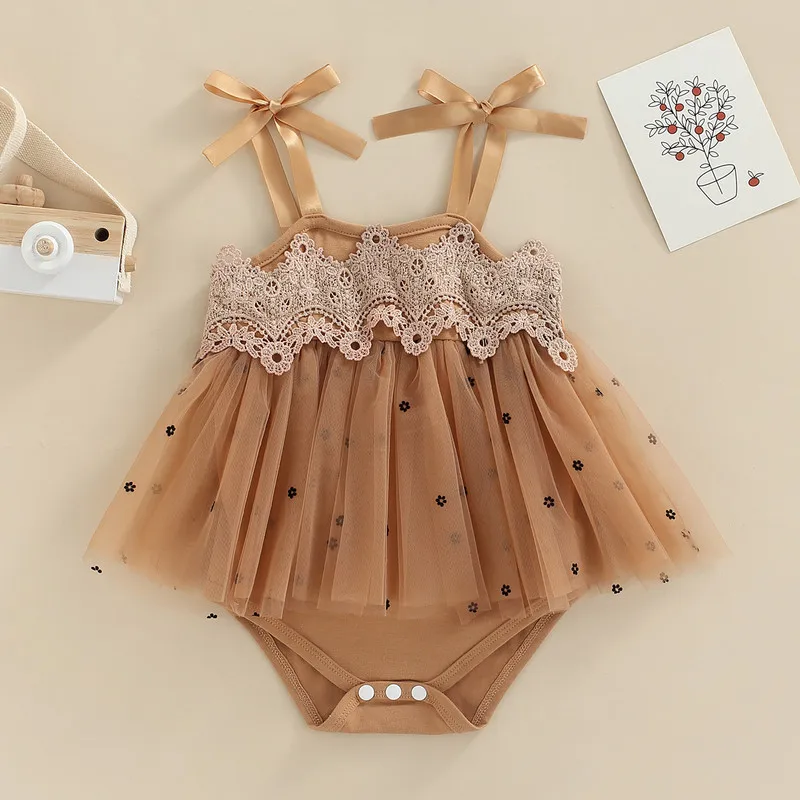 

Newborn Baby Girl Bodysuit Dress Summer Clothes 2023 Floral Lace Spaghetti Strap Jumpsuit Snap Buttons for Toddlers 0-24 Months