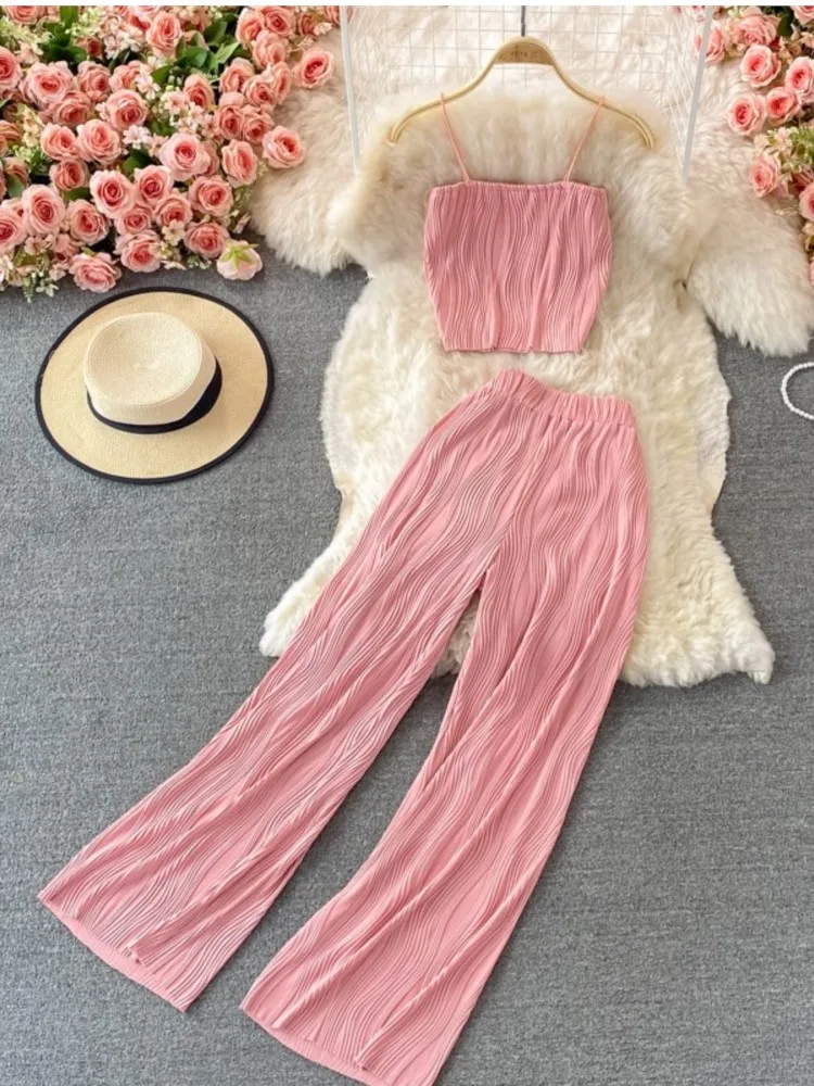 

Женские костюмы в Корейском стиле, летний Повседневный короткий топ на бретельках + свободные брюки с эластичным поясом, винтажный однотонный комплект из двух предметов