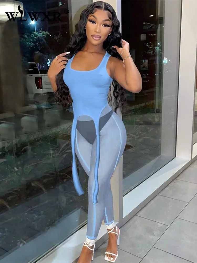 

WLWXR Summer Sexy Womens 2 Two Peice Sets Outfits Sleeveless White Crop Top Slim Mesh See Through Pants Sets Black Matching Sets