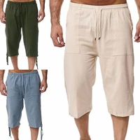 sweatpants solid color summer straight leg drawstring multi pockets capri pants sport pants for daily wear