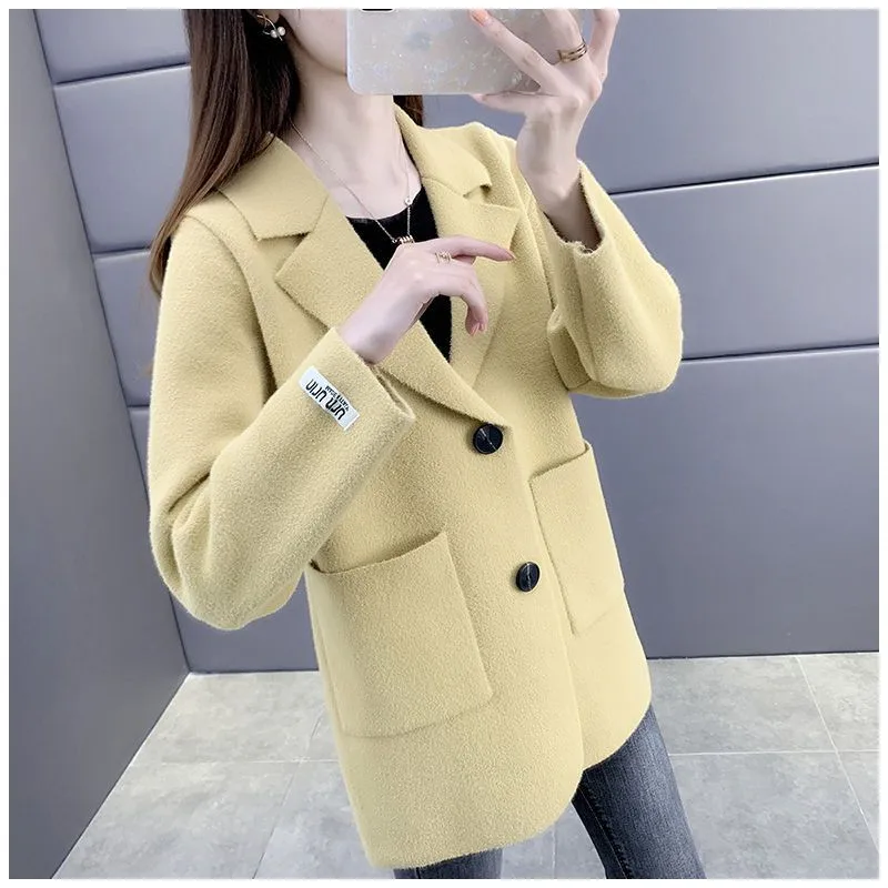 

Imitation Mink Wool Sweater Long Jacket Ladies The Spring Autumn 2023New Coat Loose Wild Suit Collar Knitted Cardigan Women Tide