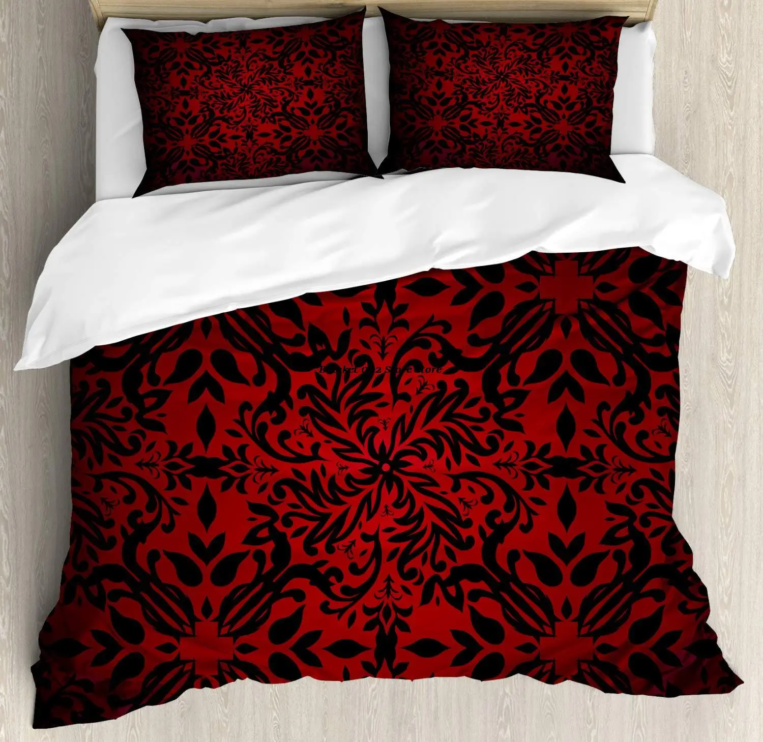 

Red and Black Duvet Cover Set Mandala Oriental Design Flowers and Leaves Frame Image Decorative 3 Piece Bedding Set