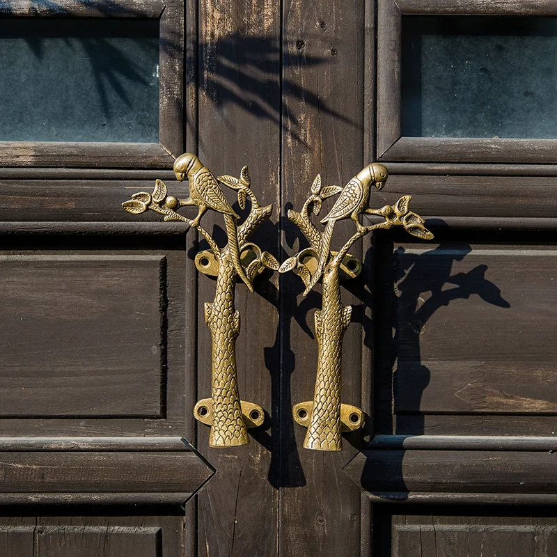 

Brass Handmade Indoor Outdoor Woden Glass Door Handles for Interior Doors Barn Door Handles Branch Parrot