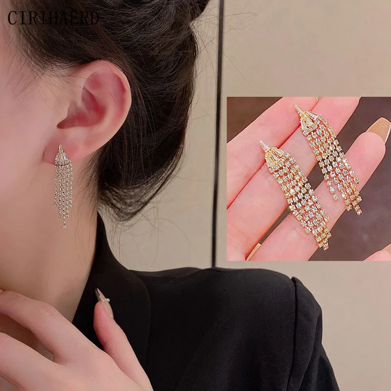 

925 Silver Needle Stud Earrings Fashion Luxury Woman Jewelry Full Crystal Zircon Long Tassel Dangle Earrings Bridesmaid Gift Hot