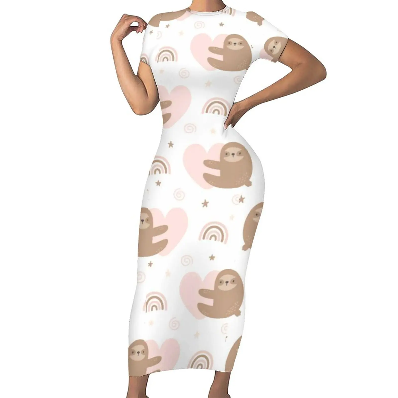 

Hugging Sloths Bodycon Dress Summer Cartoon Animal Print Modern Maxi Dresses Short Sleeve Design Street Wear Dress Large Size