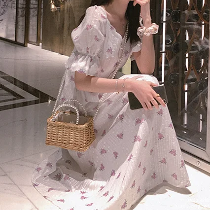 

2021 New Short Flare Sleeve Mid-length Mori Dress Cottagecore Dresses Women Spring Summer Purple Rose Floral Fairy White Dress