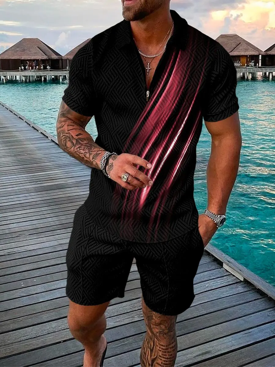 Summer Men Casual Short Set Hawaiian Print Male shrot sleeve Polo shirt Suit Cozy European American Trend Oversized Mens Clothes