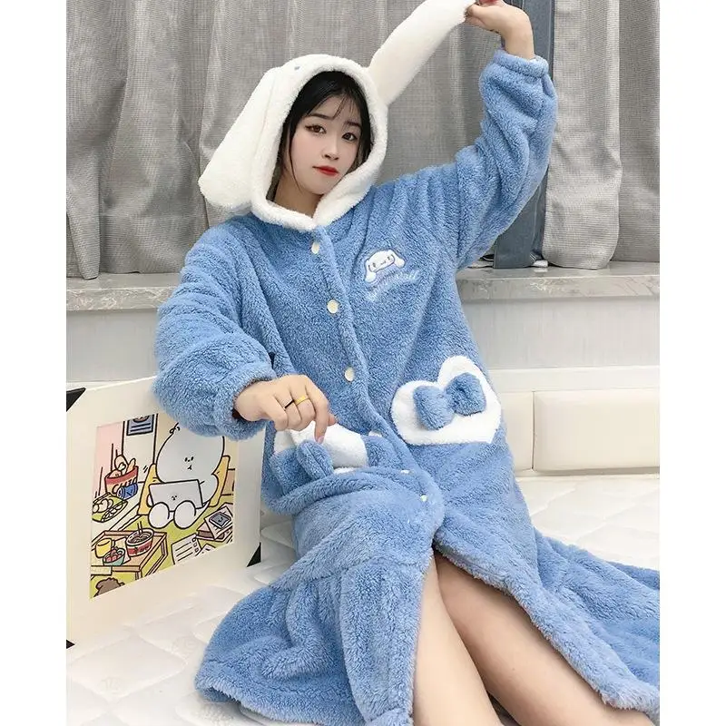 Lovely Women's Nightgown Hooded Fleece Nightdress Plush Warm Loungewear with Pocket Sky Blue Dog Animal Pajamas Cosplay Homewear