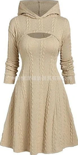 

Two Piece Set Women Outfit 2023 Spring Fashion Wheat Textured Solid Color Casual Sleeveless Midi Dress & Long Sleeve Hooded Top