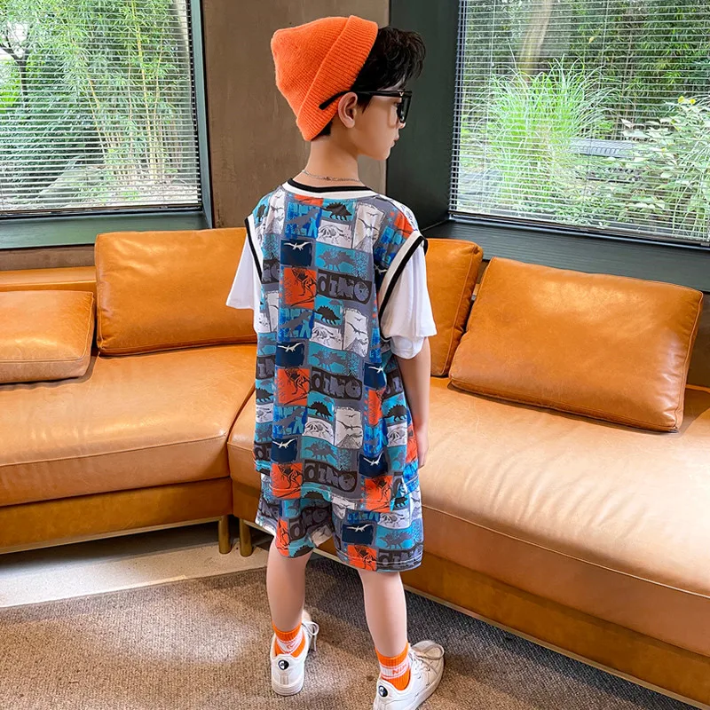 Teen Boys Clothes Set Fake Short Sleeve T-shirt + Shorts Summer Dinosaur Kids Sports Suit Children 2PCS Outfits 5 7 9 11 13 14 Y
