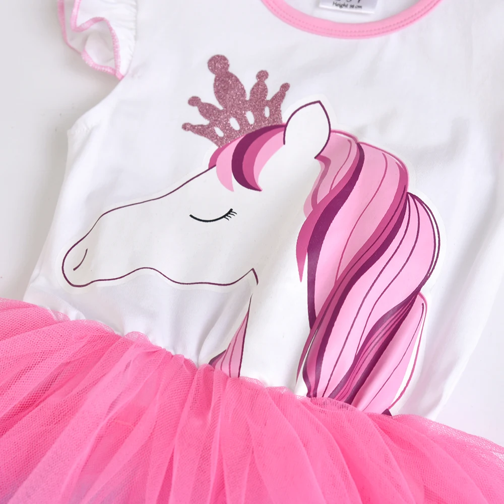 Фото Платье-пачка VIKITA для девочек, детское летнее платье с принтом Licorne, лоскутное сетчатое многослойное праздничное платье-пачка принцессы с расклешенными рукавами для девочек №4