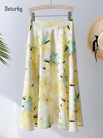 womens elegant lily print floral skirts with liner female high waist chiffon flowy a line midi skirt faldas 2022 summer k36