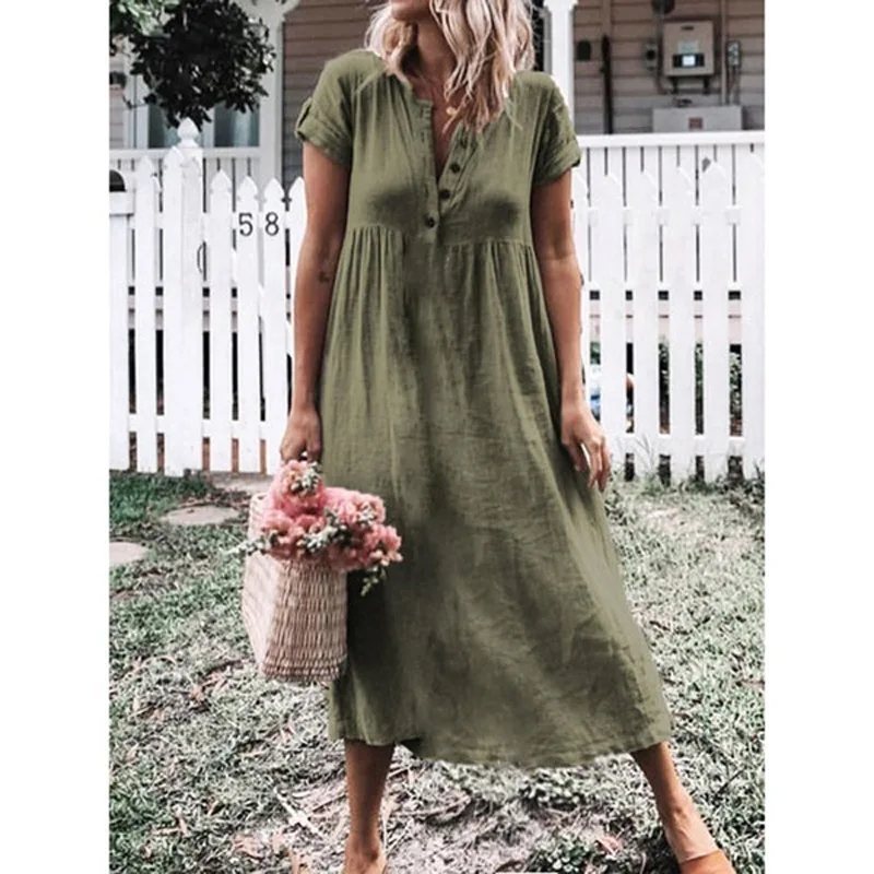 

2022 Summer Women's Solid Color Short-sleeved Round Neck Loose Long Dress Verano Mujer Dresses