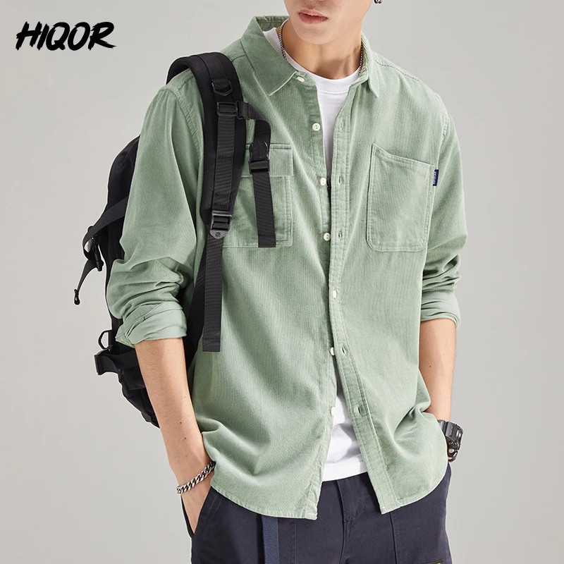Вельветовая рубашка HIQOR, мужские повседневные рубашки из 100% хлопка, однобортные, с длинным рукавом, свободные, корейская мода, оверсайз, унив...