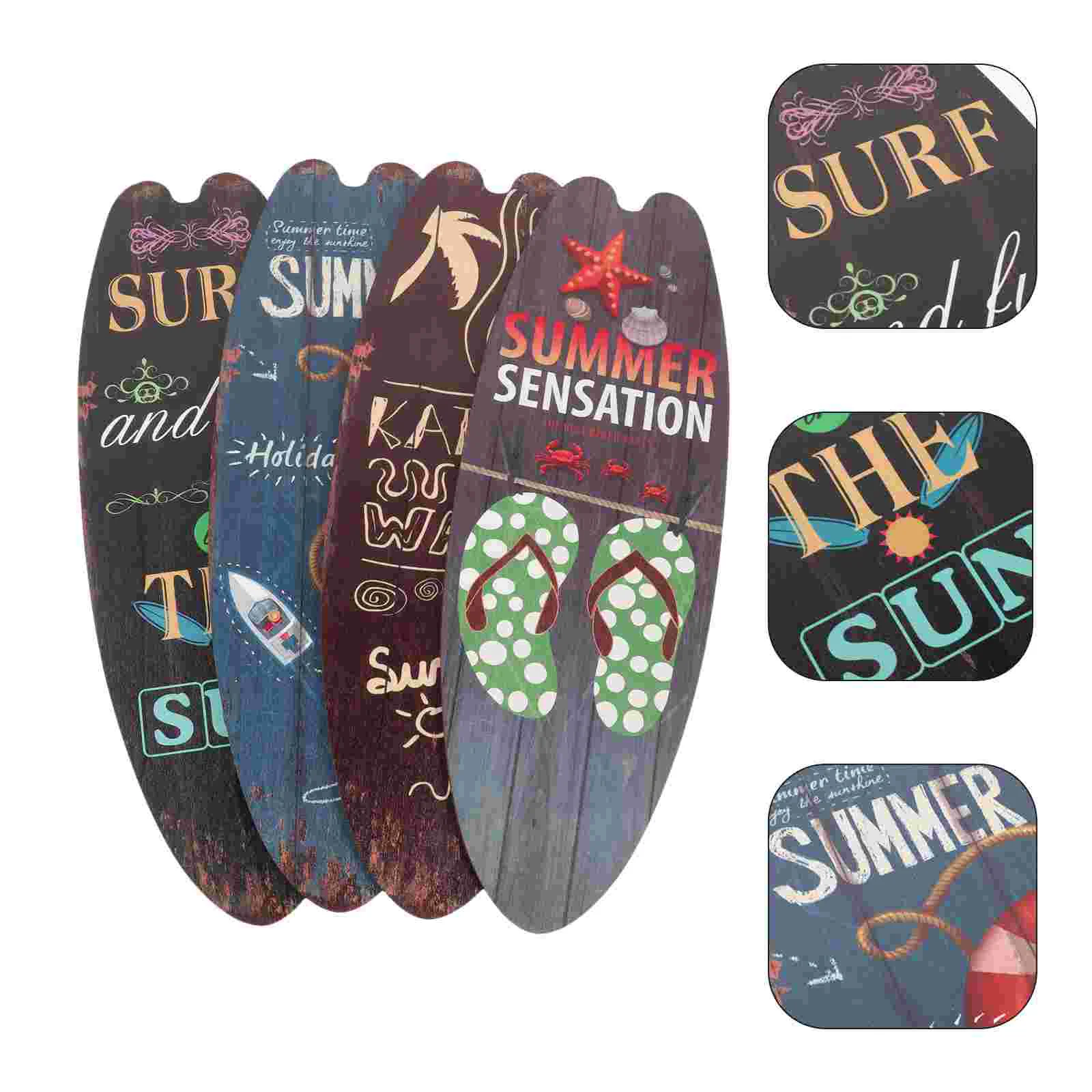 

4 Pcs Wooden Plaque Beach Surfboard Sign Hanging Home Decorations Bar Ocean Decorative Wall Ornament Summer