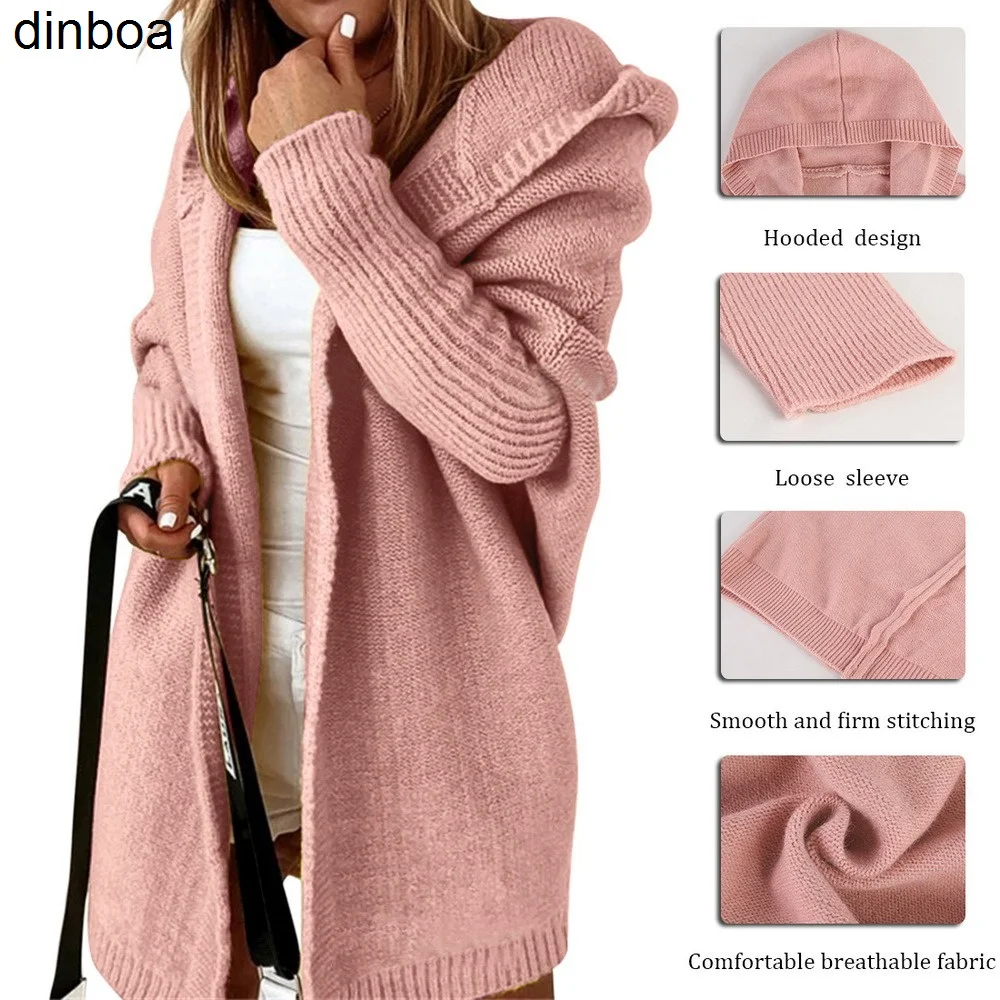 

2022 длинный вязаный кардиган с капюшоном, женское вязаное пальто с оплеткой, свободные женские свитера, пальто, Свободный Топ, свитер с капюш...