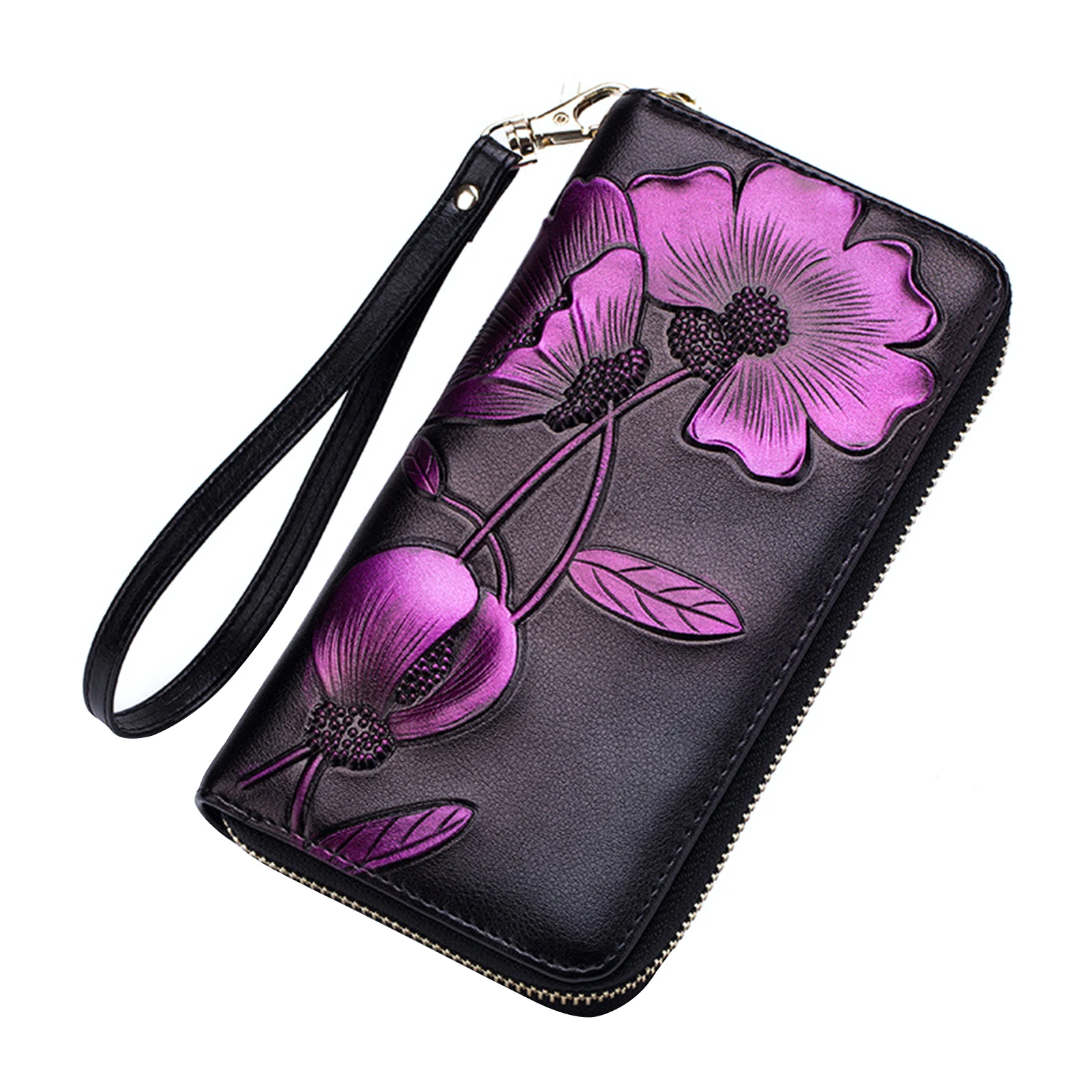 

Clutch Card Slots Long Purse Pocket Anti Theft Fashion Blocking Women Wallet PU Leather Zip Around Floral Pattern Large Capacity