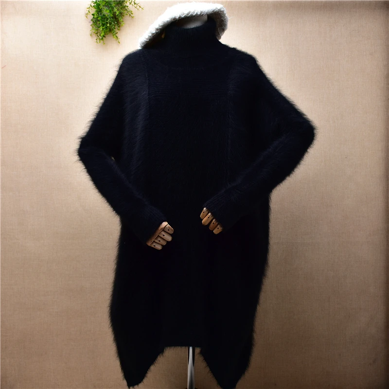 

Top Quality Female Women Fall Winter Black Hairy Plush Mink Cashmere Knitted Turtleneck Long Loose Pullover Sweater Dress Jumper
