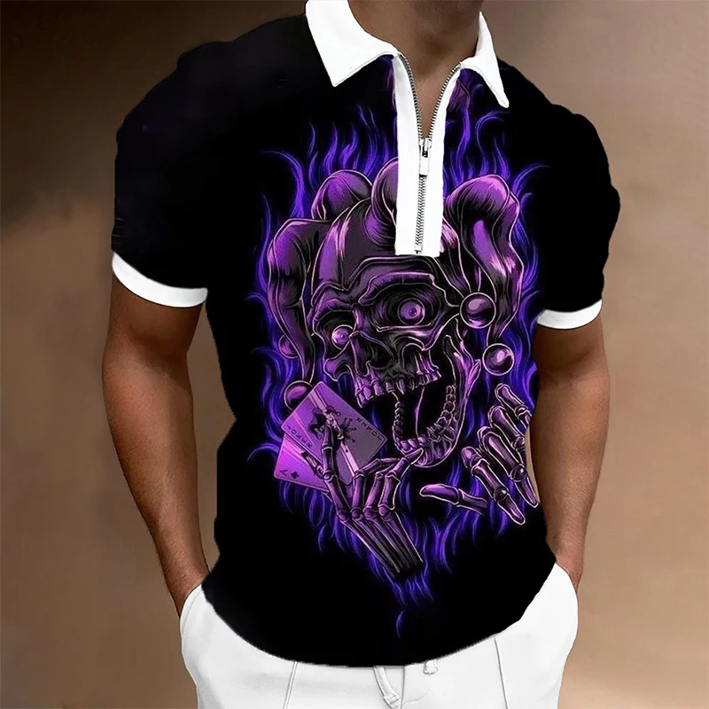 2023 Fashion New 3D Printed Skull T-Shirt Men's Casual Zipper Short Sleeve POLO Shirt Summer Streetwear Activewear Selection