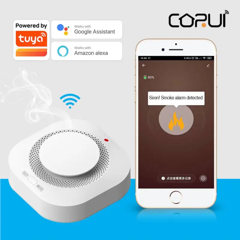 

CORUI Tuya Smart WIFI Smoke Detector Sensor Smart Life Remote Monitoring Home Security Fire Alarm Work With Alexa Google Home
