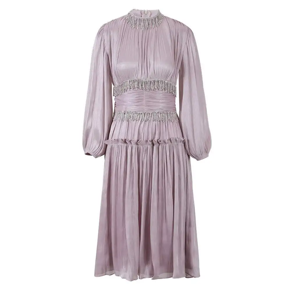 Элегантное французское женское платье с бусинами и бриллиантами круглым вырезом