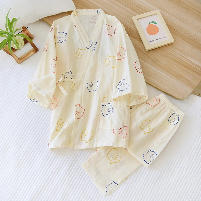 

2PCS 100% Cotton Japanese Sweet Kawaii Kimonos For Women Pajamas Set Breathable Female Sleepwear Kimono Cute Pigs Gauze Homewear