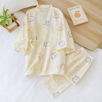 2pcs 100 cotton japanese sweet kawaii kimonos for women pajamas set breathable female sleepwear kimono cute pigs gauze homewear