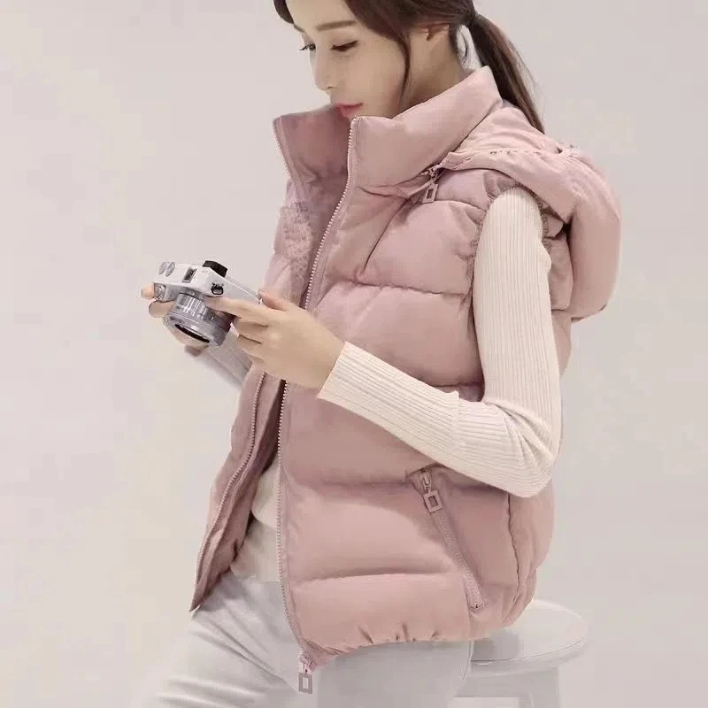 

2023 Spring Women Short Hooded Cotton Vest Autumn Casual Warm Thick Waistcoat Sleeveless Solid Removable Hat Vest Chaleco Mujer