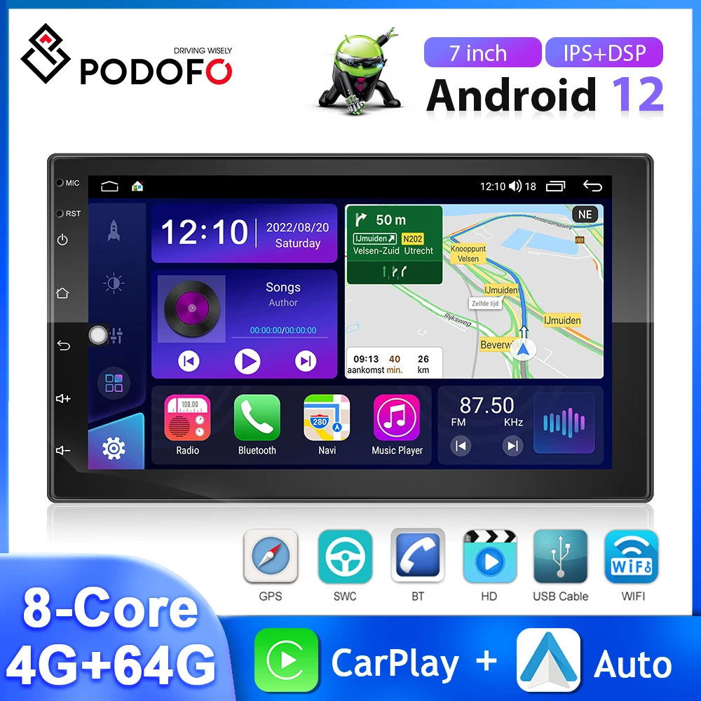

Автомагнитола Podofo, 8 ядер, 4 + 64 ГБ, Android 12, 7 дюймов, IPS-экран, GPS-навигация